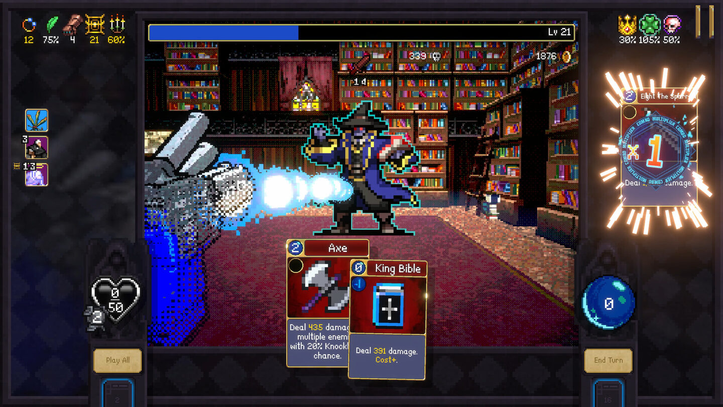 Official Vampire Crawlers gameplay screenshot showing a library room, a wizard enemy, and a hand lining up Axe and King Bible.