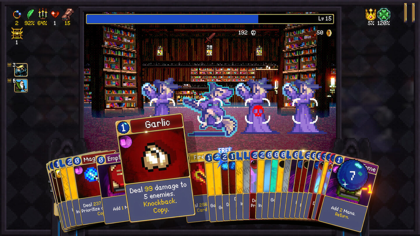 Official Vampire Crawlers gameplay screenshot showing a full fan of cards, multiple witch enemies, and a one-cost Garlic card in the foreground.