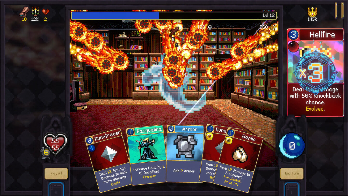 Official Vampire Crawlers gameplay screenshot showing an evolved Hellfire card and a room filled with fiery projectiles.